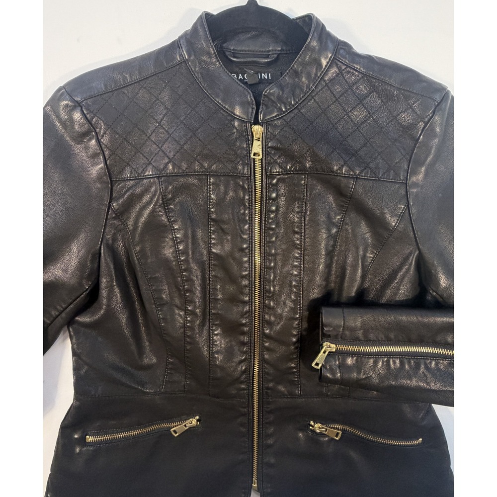 Baccini Moto Jacket Women PS Black Excellent Quilted Faux Leather Gold Zip